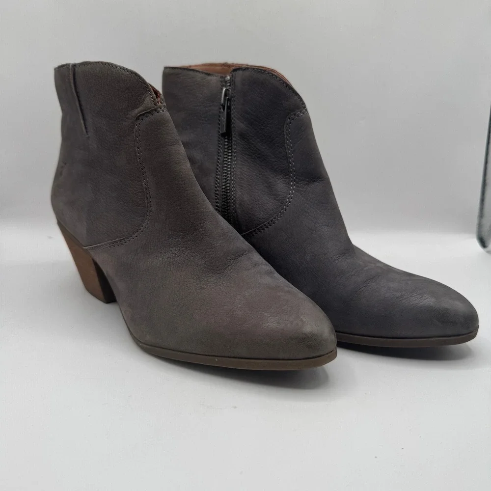 Frye Ankle Booties Womens 8.5 Grey Leather Pointed Toe Stacked Heel 3471731-JEA